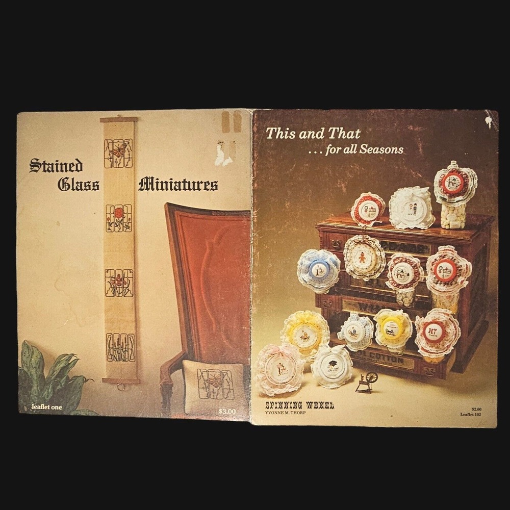 Vtg Cross Stitch Patterns Stained Glass Minis 1979 Spinning Wheel This That 1982